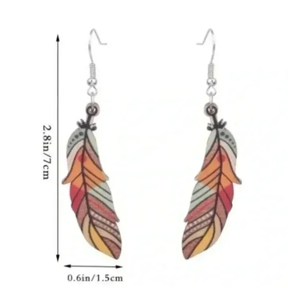 NEW Lightweight colorful feather wood earrings - Picture 2 of 5